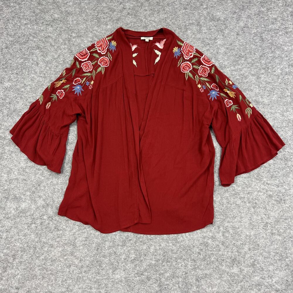 Umgee Blouse Womens S/M Red Embroidered Floral Kimono Bell Sleeve Boho Top